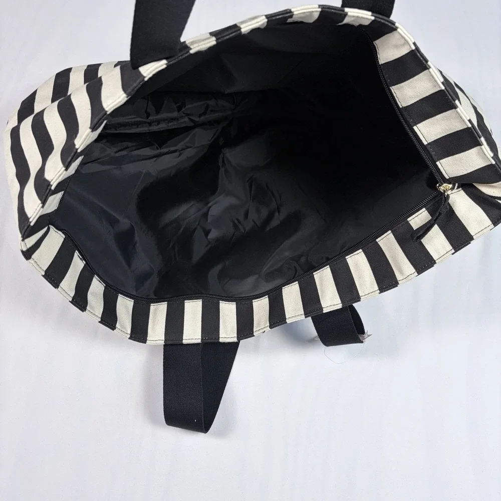 NWT VICTORIA'S SECRET BLACK IVORY STRIPE LOGO ZIPPER TOTE BAG Chic Paris ArtDeco